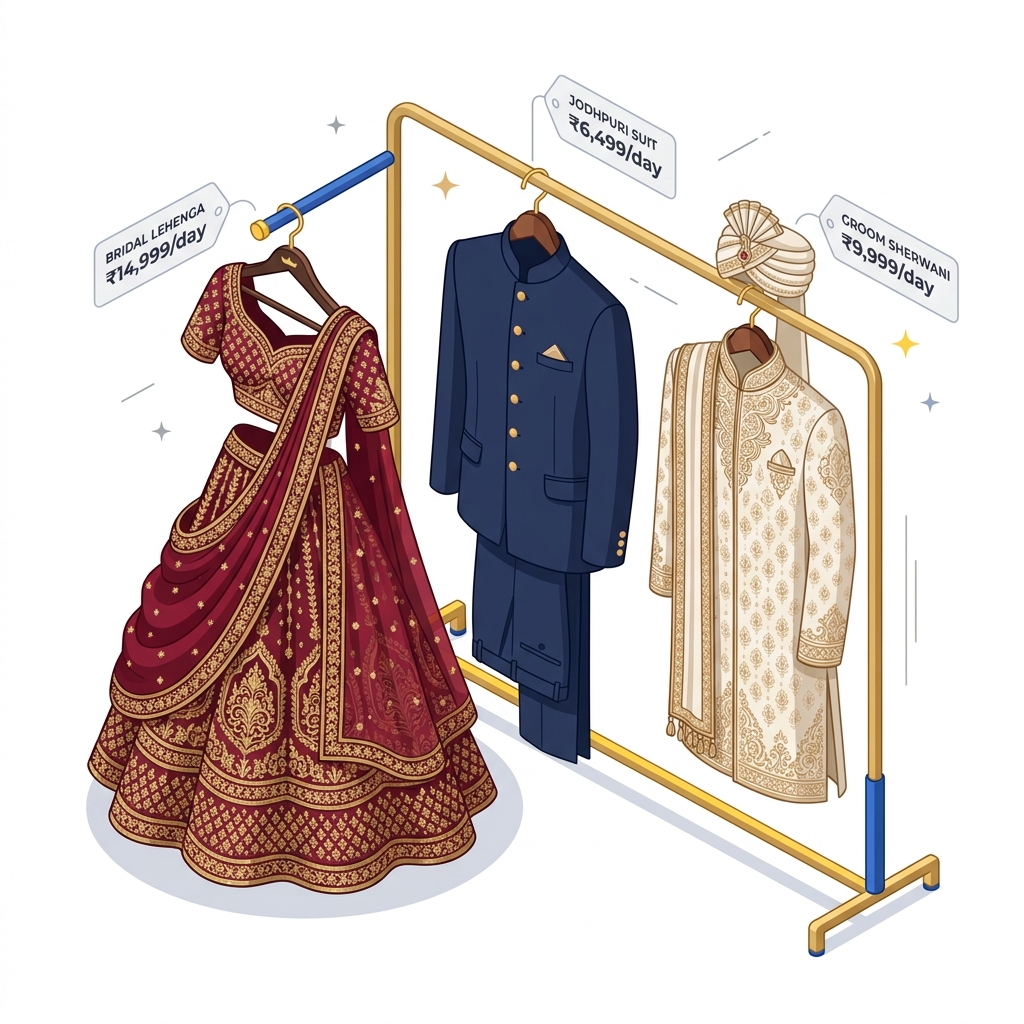 A beautiful vector illustration of traditional Indian ethnic wear including a Sherwani, Jodhpuri, and Bridal Choli for rental.